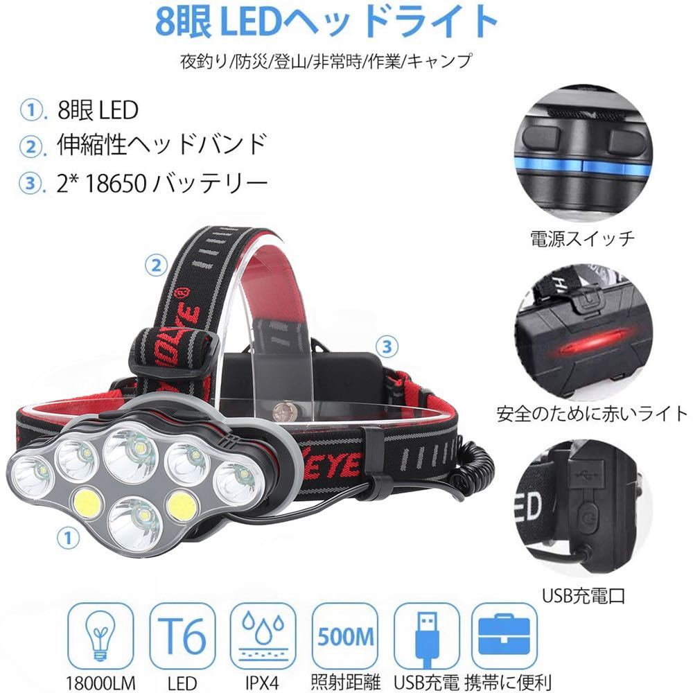 充電式ヘッドランプ ブラックライト付き10 LED超高輝度 8モード防水 赤