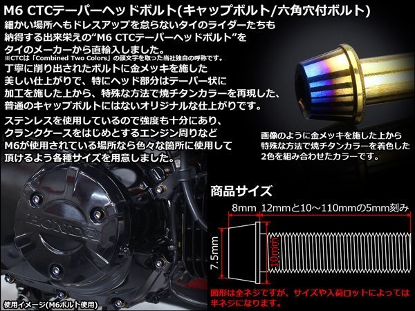 M6×85mm ステンレス 2色テーパーヘッドボルト キャップボルト クランクケース等エンジン周りに ゴールド/焼チタンカラー TB0740_出品はM6×85mmのゴールド/焼チタンカラー