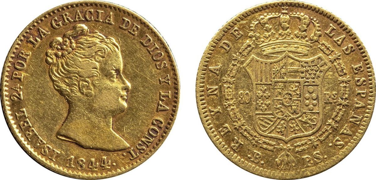 スペイン 80レアル金貨 1844年B PS 美品 イザベル2世
