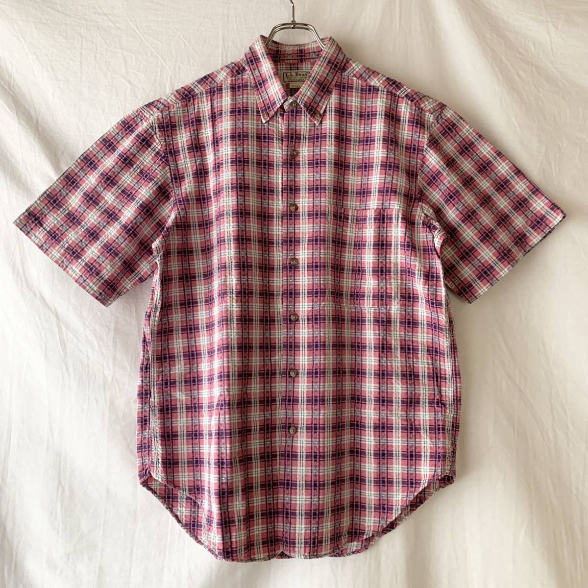 80s 90s USA製 L.L.Bean エルエルビーン ボタンダウン シアサッカー 半袖 チェックシャツ コットン ヴィンテージ M ピンク ネイビー OLDの画像1