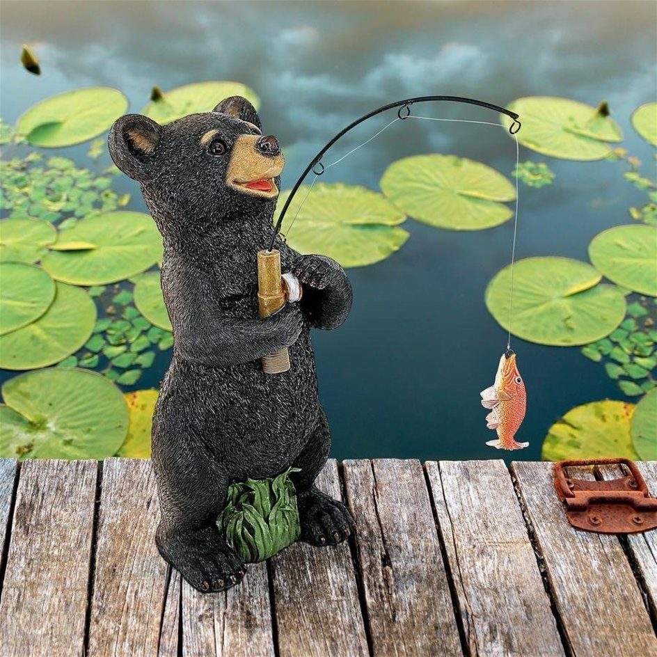 釣りをするツキノワグマ像　屋外フィギュア置物池プールガーデン庭花壇オーナメント庭園漁師黒熊ベアアニマル動物り人動物像リールクマ_画像1