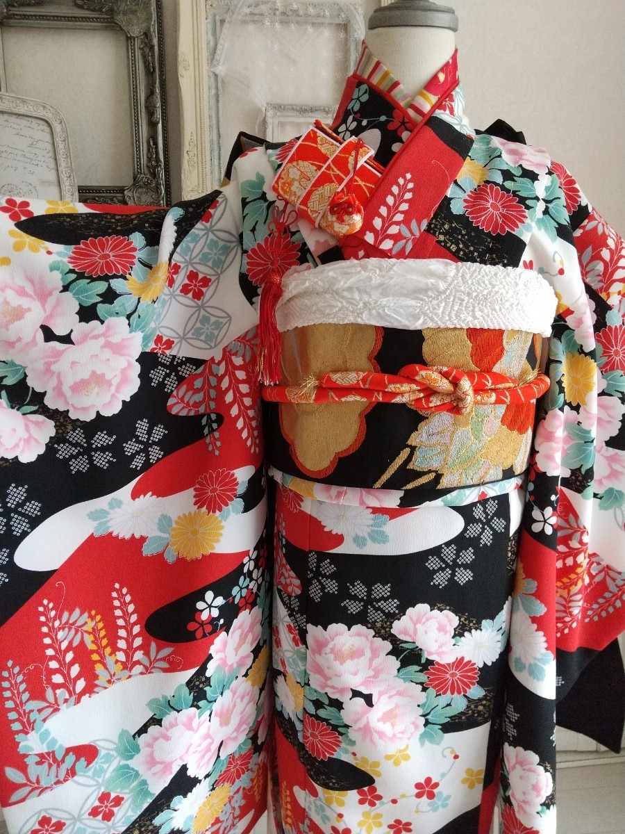 ブランド個性的な着物に黒のだらり帯☆七五三7歳フルセット