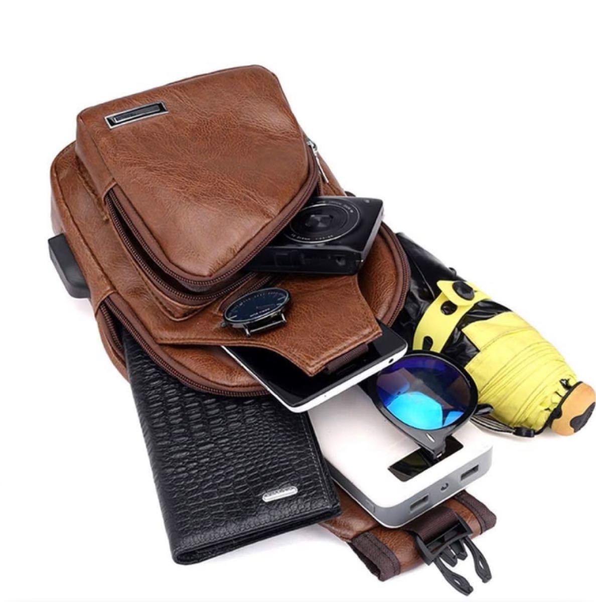 ボディバッグ ワンショルダー ブラウン メンズボディバッグ USBポート 斜めがけ 大容量 ショルダーバッグ 新品 レザー 鞄 革