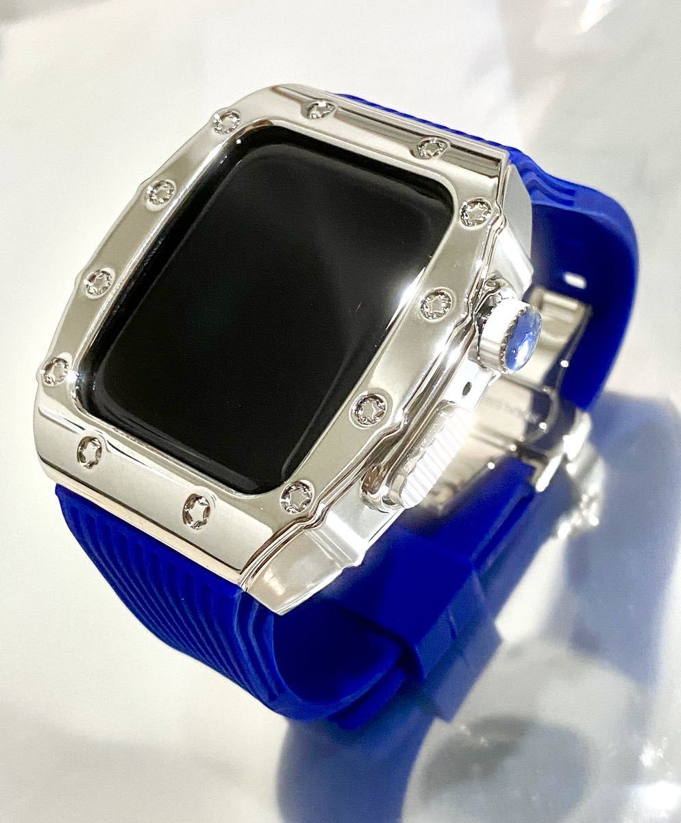 アップルウォッチ メタルカスタム Dブルーラバー シルバー &ブルー