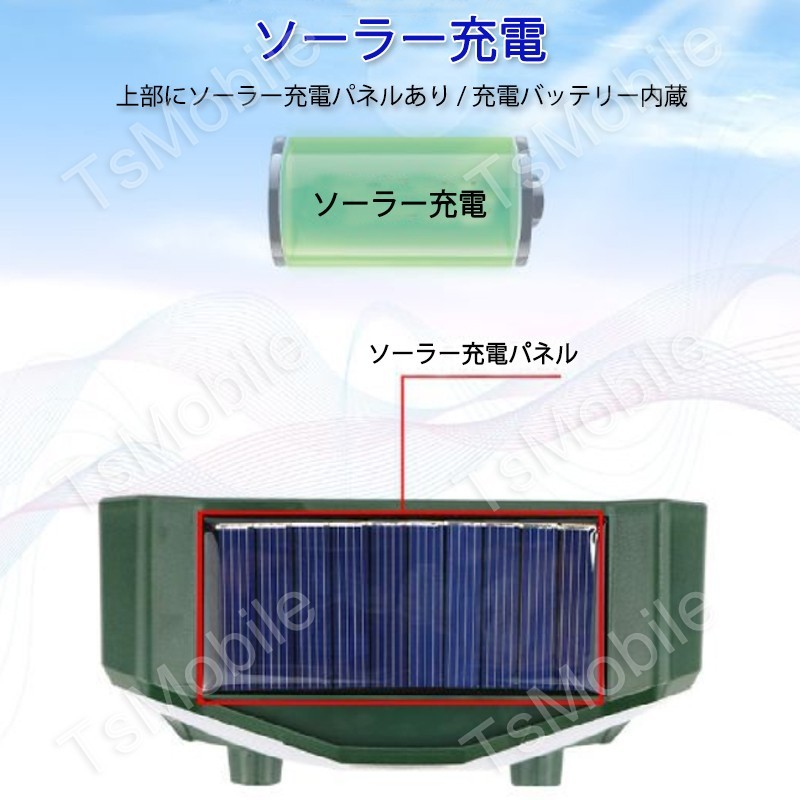 超音波動物撃退機 赤いフラッシュライト付き ソーラー式＆USB充電可能 野外 森 田舎 動物避け 光 動物糞尿対策 追い払う