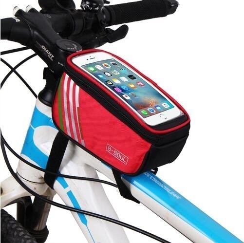 P1319: 1.5L / 5.5インチ防水タッチスクリーン 自転車バッグ サイクリング自転車フロントフレームバッグ チューブポーチ携帯電話収納バッグ_赤