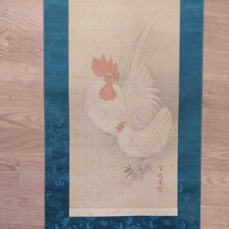 掛軸 軸に注目!! 本物 スタンド 掛け軸 198cm 絹 木箱 ニワトリ 鶏 鳥 _画像2