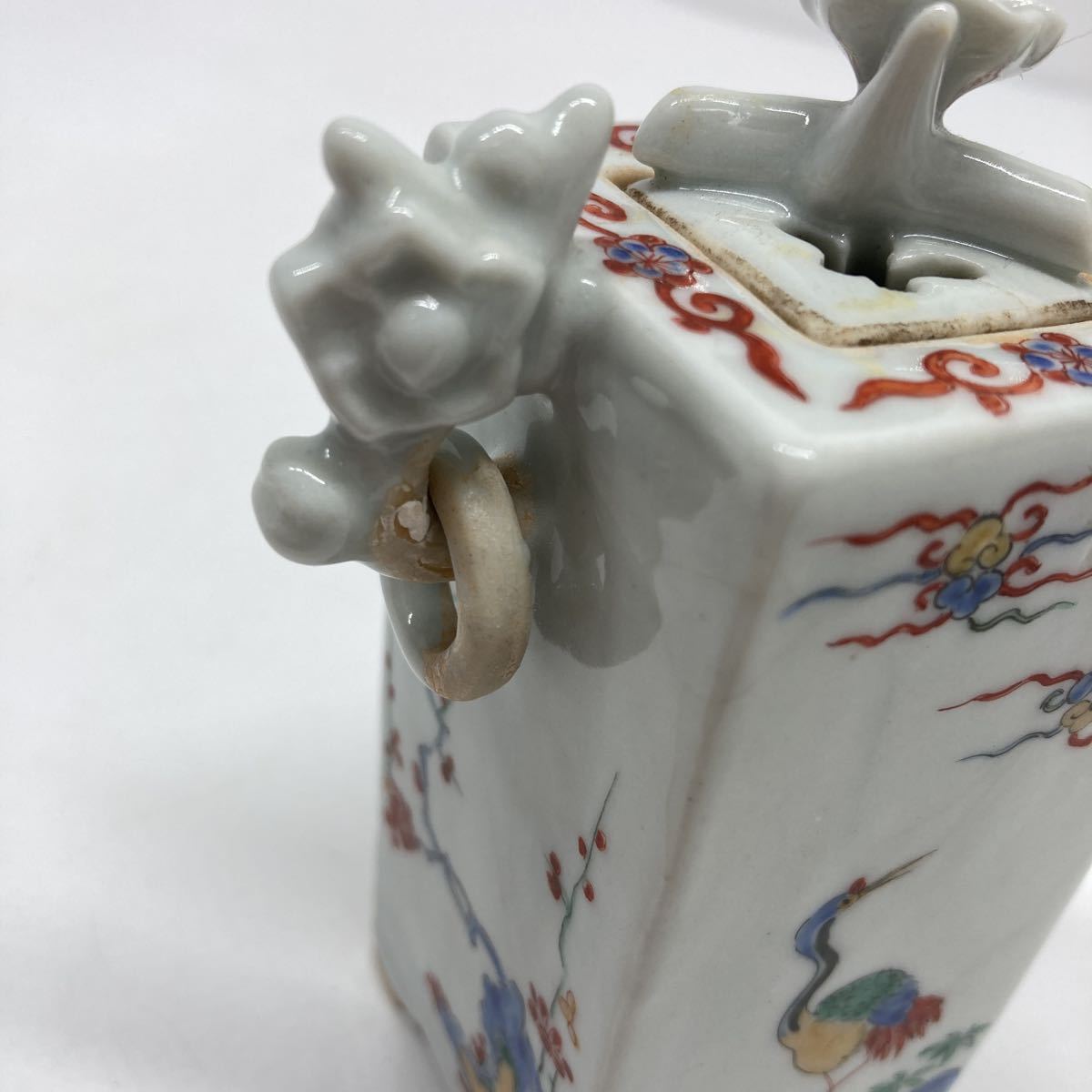 時代物 柿右衛門 色絵 香炉 鳥梅文香炉 古い 骨董品 蔵出し 四角香炉
