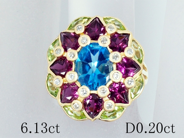 清水屋《送料無料》マルチカラーストーン/6.13ct ダイヤモンド/0.20ct デザイン リング K18YG 13.5号【JSP】