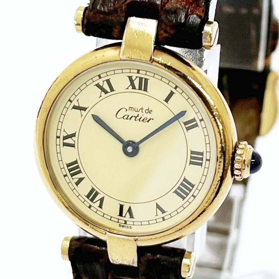 【1円スタート】【ヴィンテージ・美品】 CARTIER カルティエ ヴェルメイユ SV925/革ベルト クオーツ レディース 94321 腕時計
