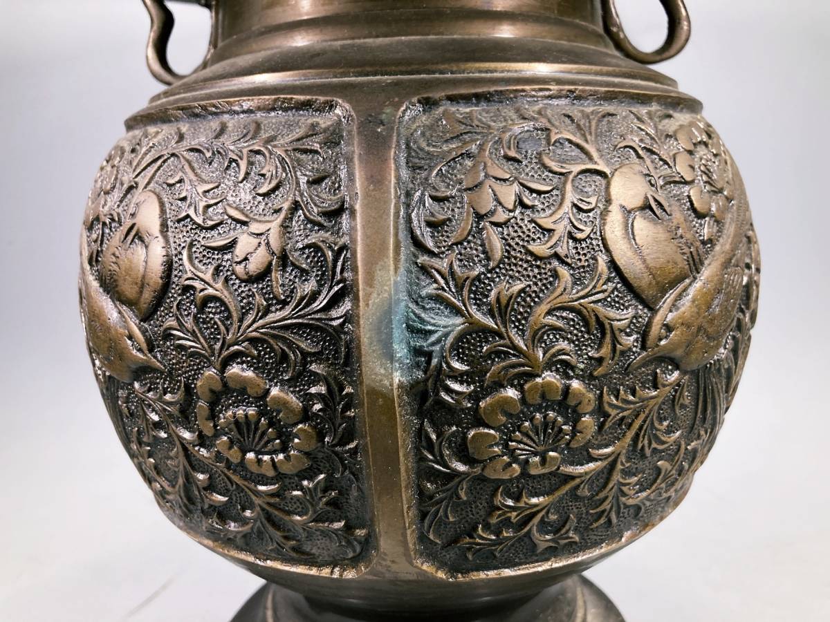 รายละเอียดสินค้าของ美術銅器 高岡銅器 龍仙造 在銘 花鳥図 唐銅 花器