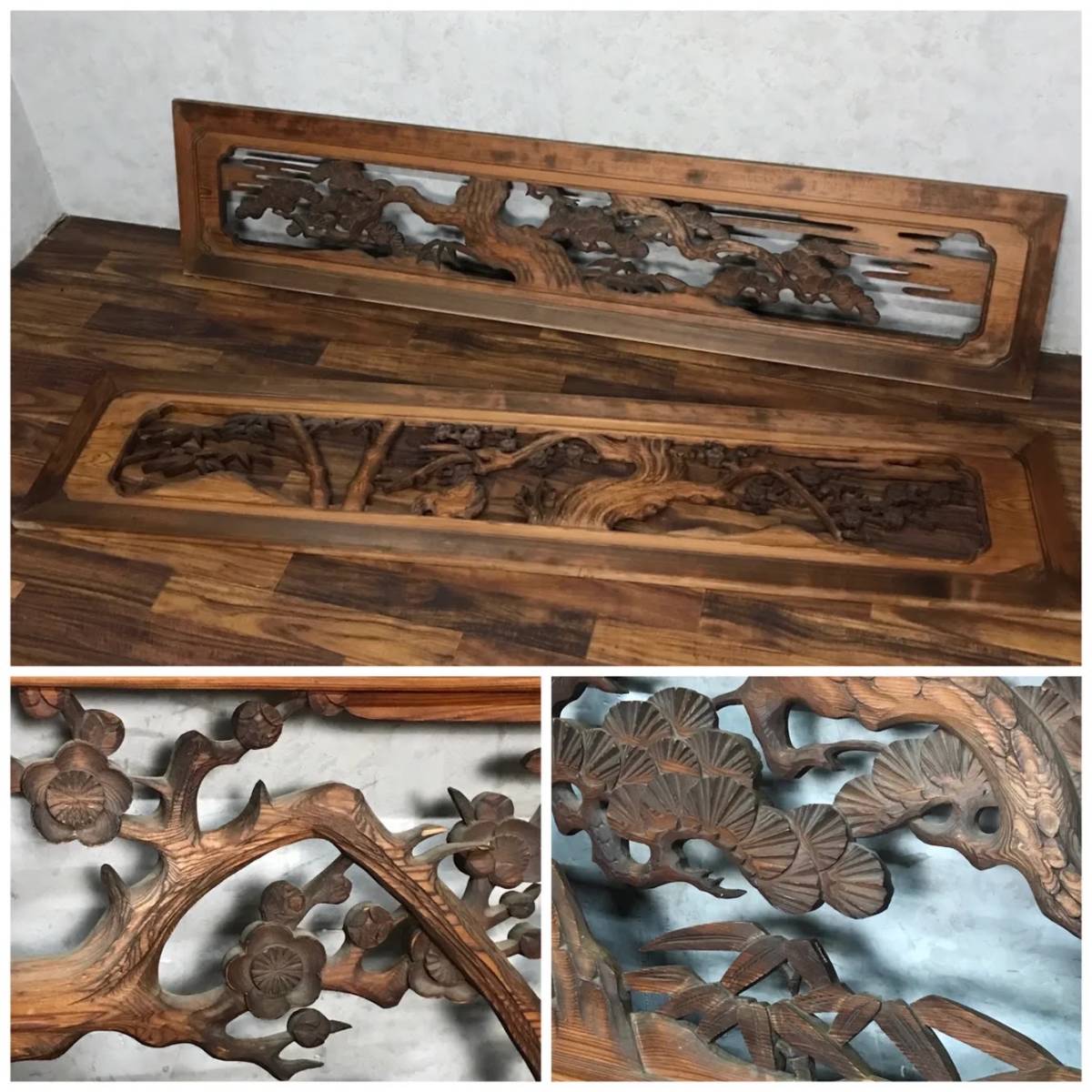○ba9/68 ☆直接引き取り限定☆ 欄間 松竹梅 木製 約214.6×46.5cm 木彫