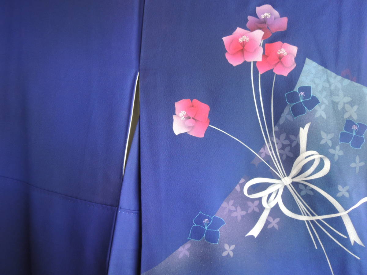 【正絹・三松製・花・ロイヤルブルー】丈157・裄65・未使用・美品_画像3