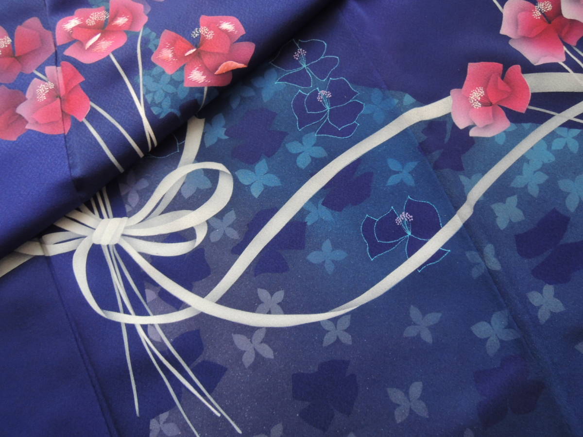 【正絹・三松製・花・ロイヤルブルー】丈157・裄65・未使用・美品_画像9