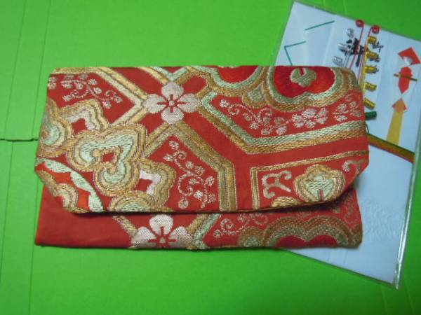  super-discount! red color metal thread * brilliant . classic pattern * obi ground * silk ground * gold . inserting fukusa! handmade!!!