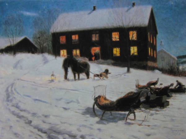 la-shu You re, Christmas party, free shipping, rare book of paintings in print, mat attaching high class frame, winter country noru way picture, landscape painting 