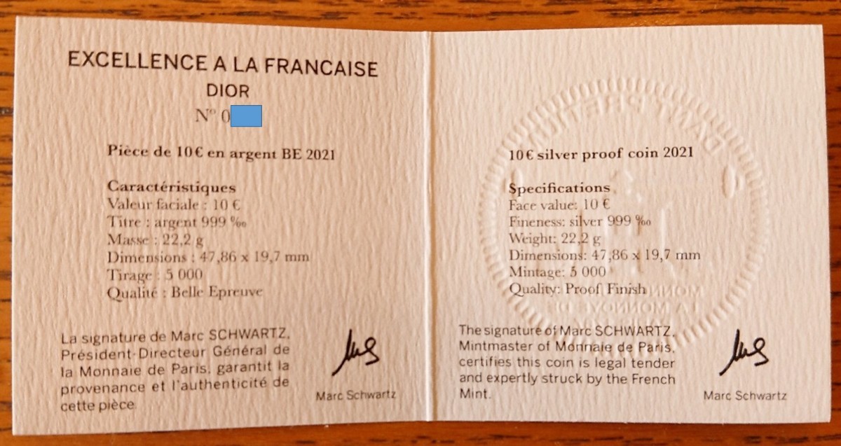 2021 フランス Dior クリスチャン・ディオール最初の香水瓶のリボン型 10ユーロ プルーフ銀貨