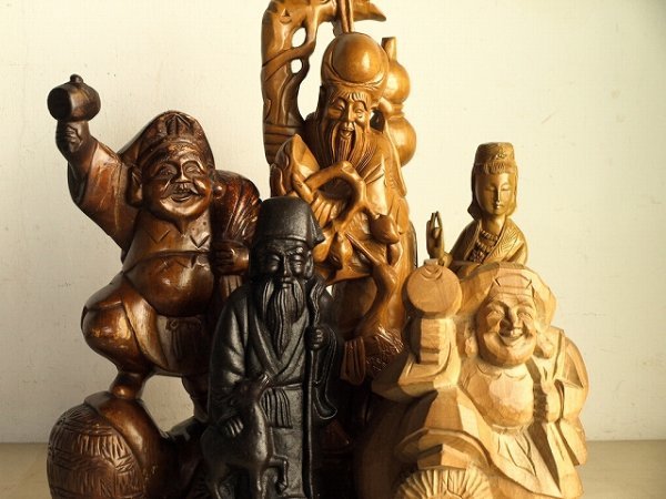 木彫り像と鋳物像5体セット 大黒天 寿老人 魚籃観音 福禄寿