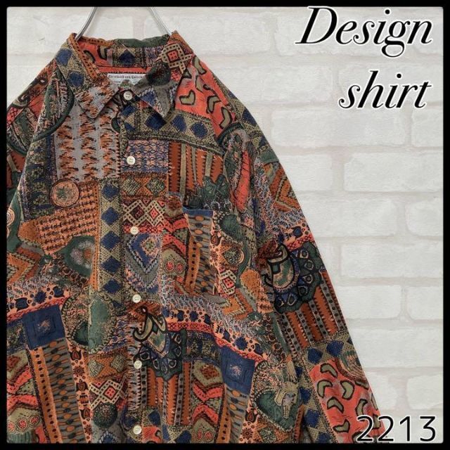 ファッションの 【1点物】90s 柄シャツ デザインシャツ 総柄 アート 幾何学 日本製 ジャパンヴィンテージ Mサイズ