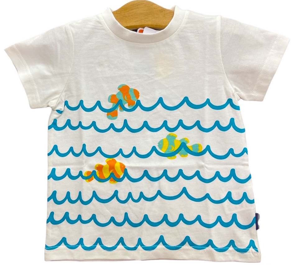 即決★新品タグ付 Moujonjon ムージョンジョン★海シリーズ 波と魚柄 半袖Tシャツ★UVカット加工 クール素材★120cm 7-8才 ￥1650_画像7