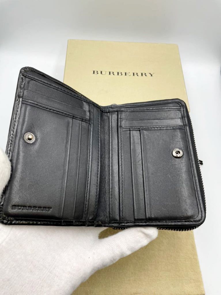 バーバリー　ロンドン　二つ折り財布　ブラック×チェック　PVC 極美品　ラウンドファスナー　コインケース　メンズ　レディース