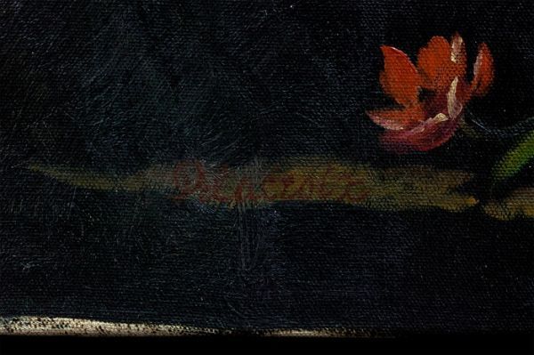 ●ウジェーヌ・ドラクロワ●油絵　手描き《花》表サイン　画廊取扱シール　F10号　額無　模写/検索ワード(ジャン・グロ/アングル)d839_画像3
