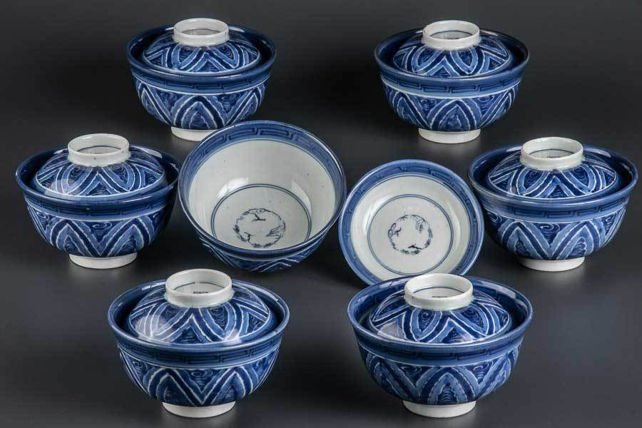 真】『 古伊万里染付蓮華文蓋茶碗 7客 江戸後期 8750 』7枚組 色絵 和
