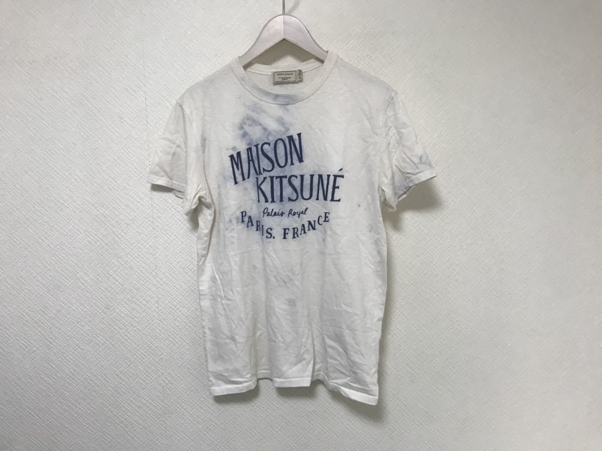 本物メゾンキツネMAISONKITSUNEコットンプリント後染め柄半袖TシャツアメカジビジネススーツメンズXSポルトガル製白ホワイト