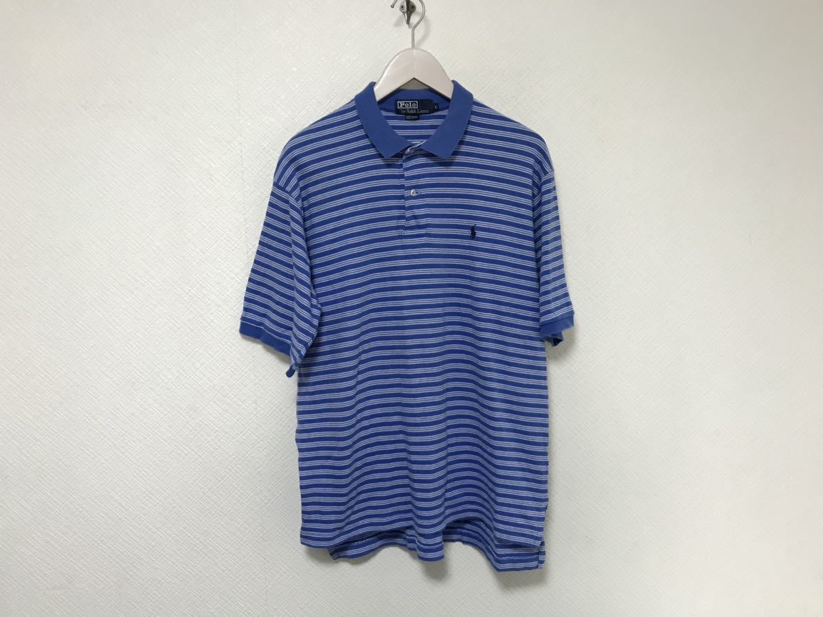 本物ポロラルフローレンPOLO RALPH LAURENコットンボーダー柄半袖ポロシャツアメカジサーフビジネススーツメンズLアメリカ製_画像1