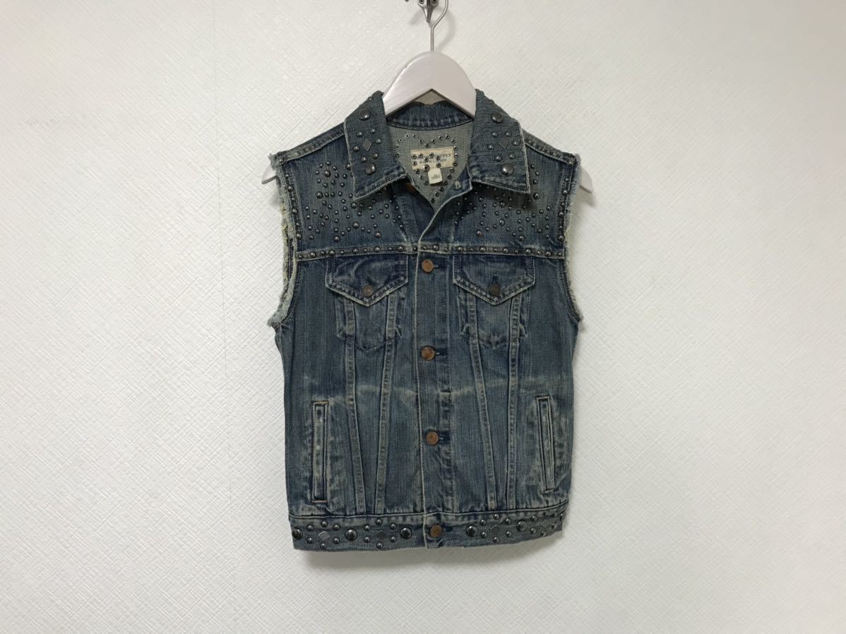 本物デニムアンドサプライDENIM&SUPPLYダメージ加工コットンタイトスタッズデニムベストジレスーツビジネスメンズXSバイカー青ブルー