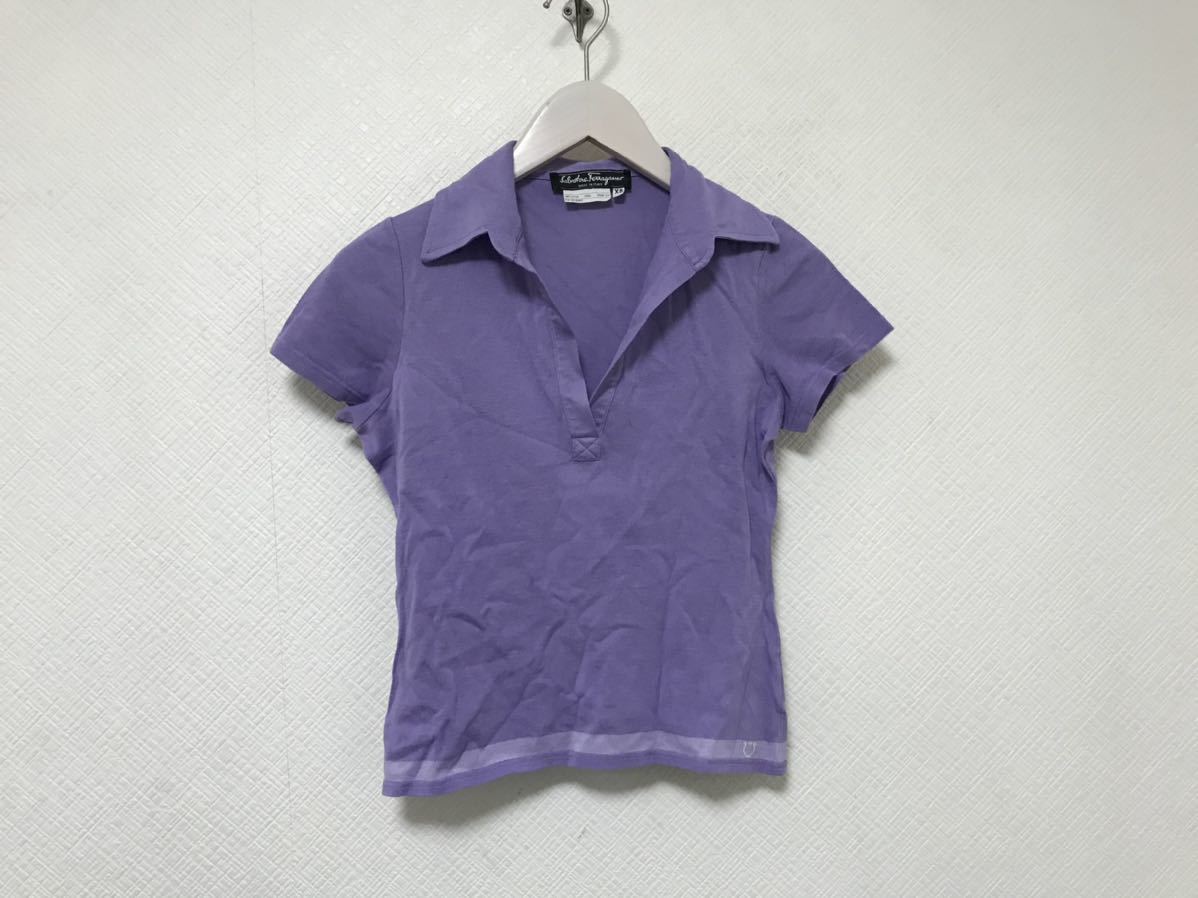 本物サルヴァトーレフェラガモFERRAGAMOコットンガンチーニ半袖ポロシャツアメカジサーフビジネススーツレディースXS紫パープルイタリア製