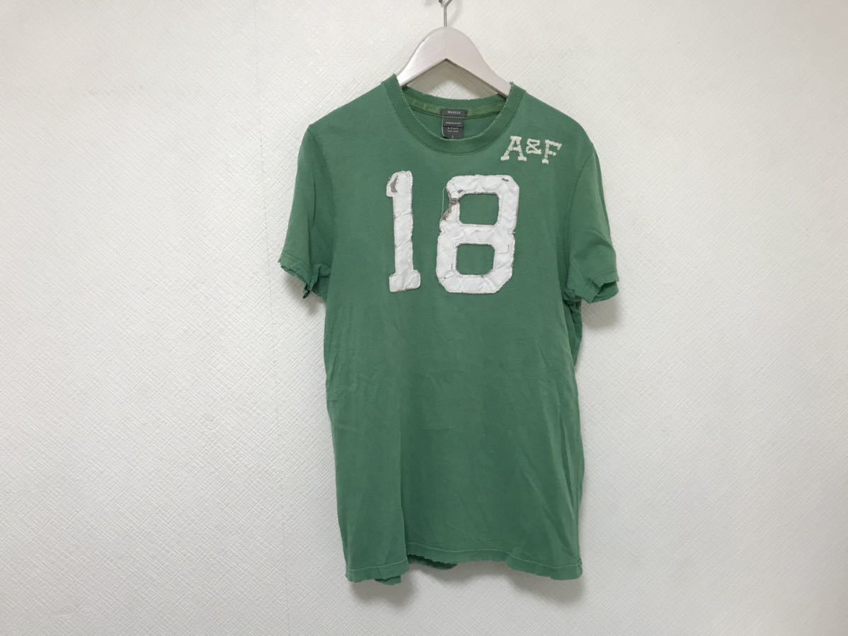 本物アバクロアンドフィッチAbercrombie&Fitchコットンダメージ加工半袖TシャツビジネスサーフアメカジメンズLマカオ製グリーン緑_画像1