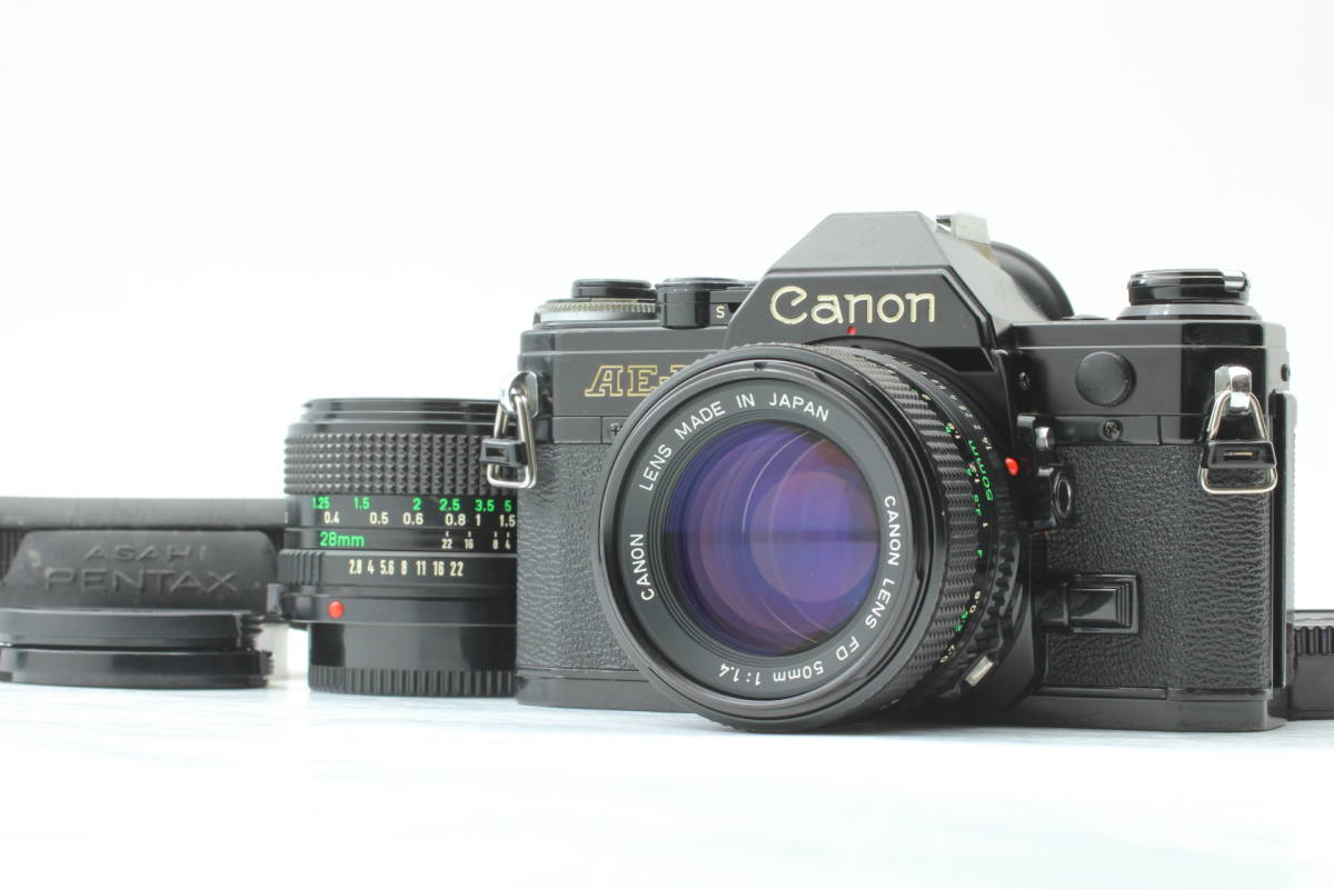 新しいスタイル 【良品】Canon AE-1 505@ob キヤノン f2.8 28mm + f1.4 50mm + camera film 35mm SLR Black キヤノン