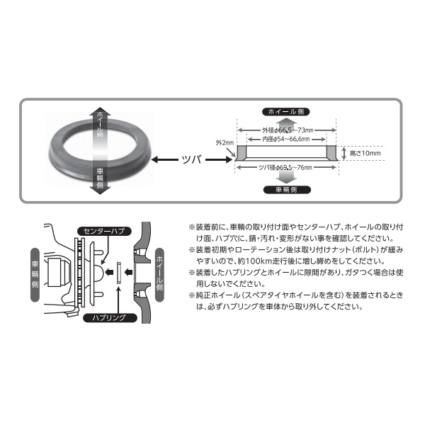 エンケイ ハブリング アルミ ゴールド 4枚 ツバ付き 10種 外径 73mm → 内径 66.6mm スリット 国産 輸入 車 全般 金_画像3