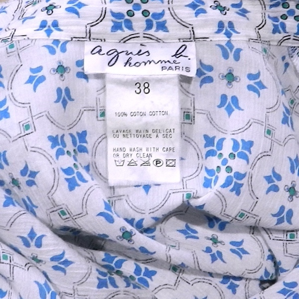 agnes b. homme PARIS アニエスベー 90's 旧タグ デザイン 長袖シャツ ドレスシャツ ブラウスシャツ 結晶柄 白 青 黒 38 / M 美品の画像4