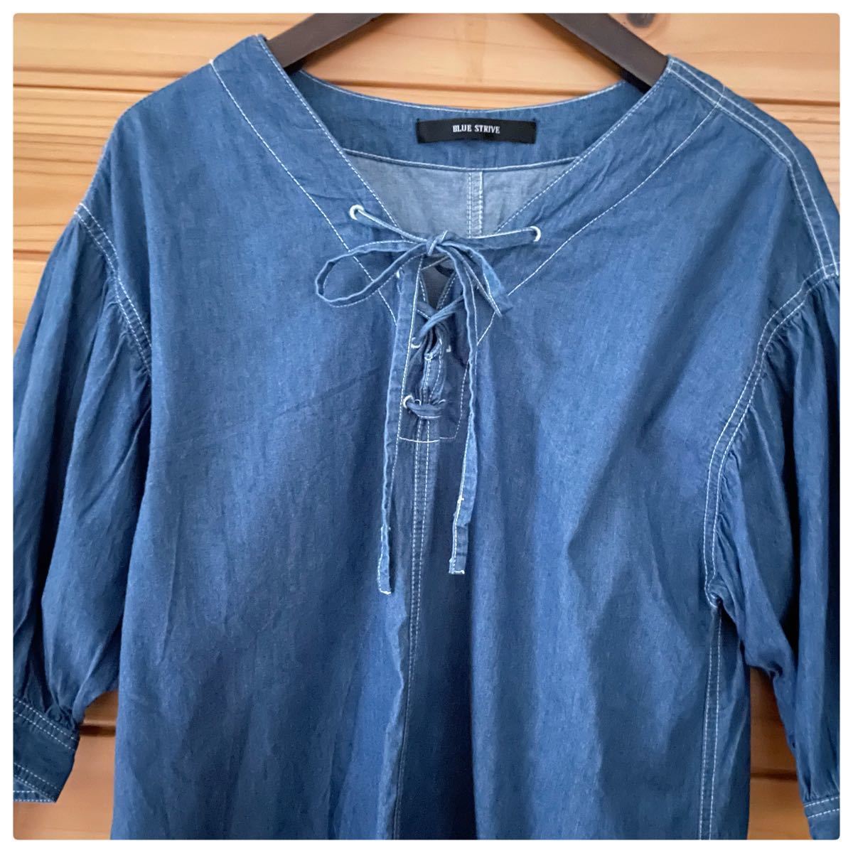 【BLUE STRIVE 】5分袖ブラウスシャツ デニムシャツ 袖口 ブルー　L