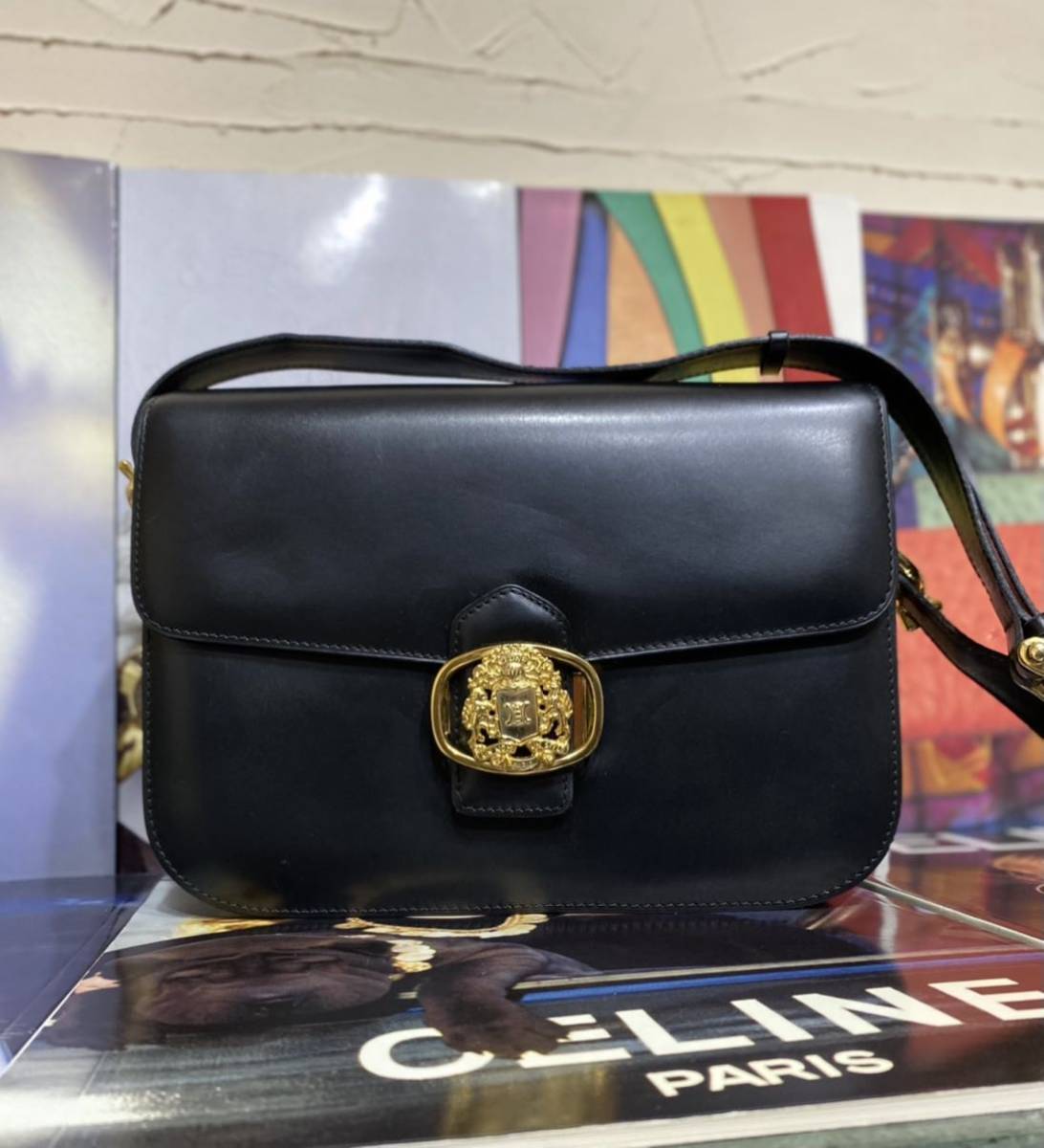 激レア OLD CELINE カーフレザー ショルダーバッグ フラップバッグ 黒