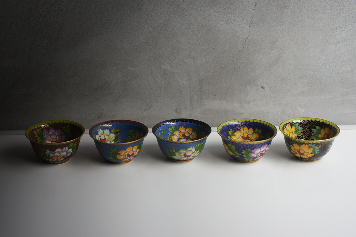 両面 中国 七宝 茶碗 5客 セット 細密 花 柄 糸 琺瑯 唐物 茶道具 茶器 