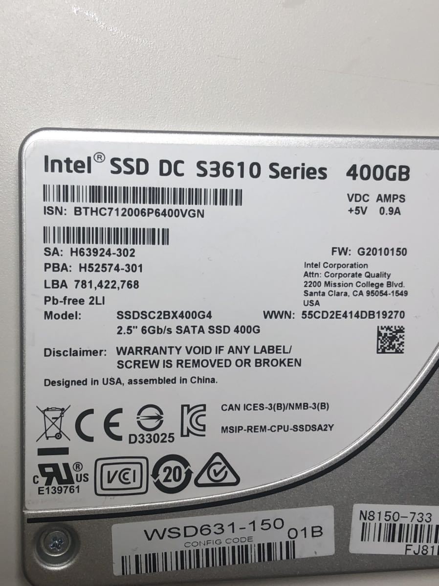 使用時間：3331時間 Intel SSDSC2BX400G4 S3610シリーズ 400GB 2.5 7MM Intel SSD Series SATA インテル ハードディスク