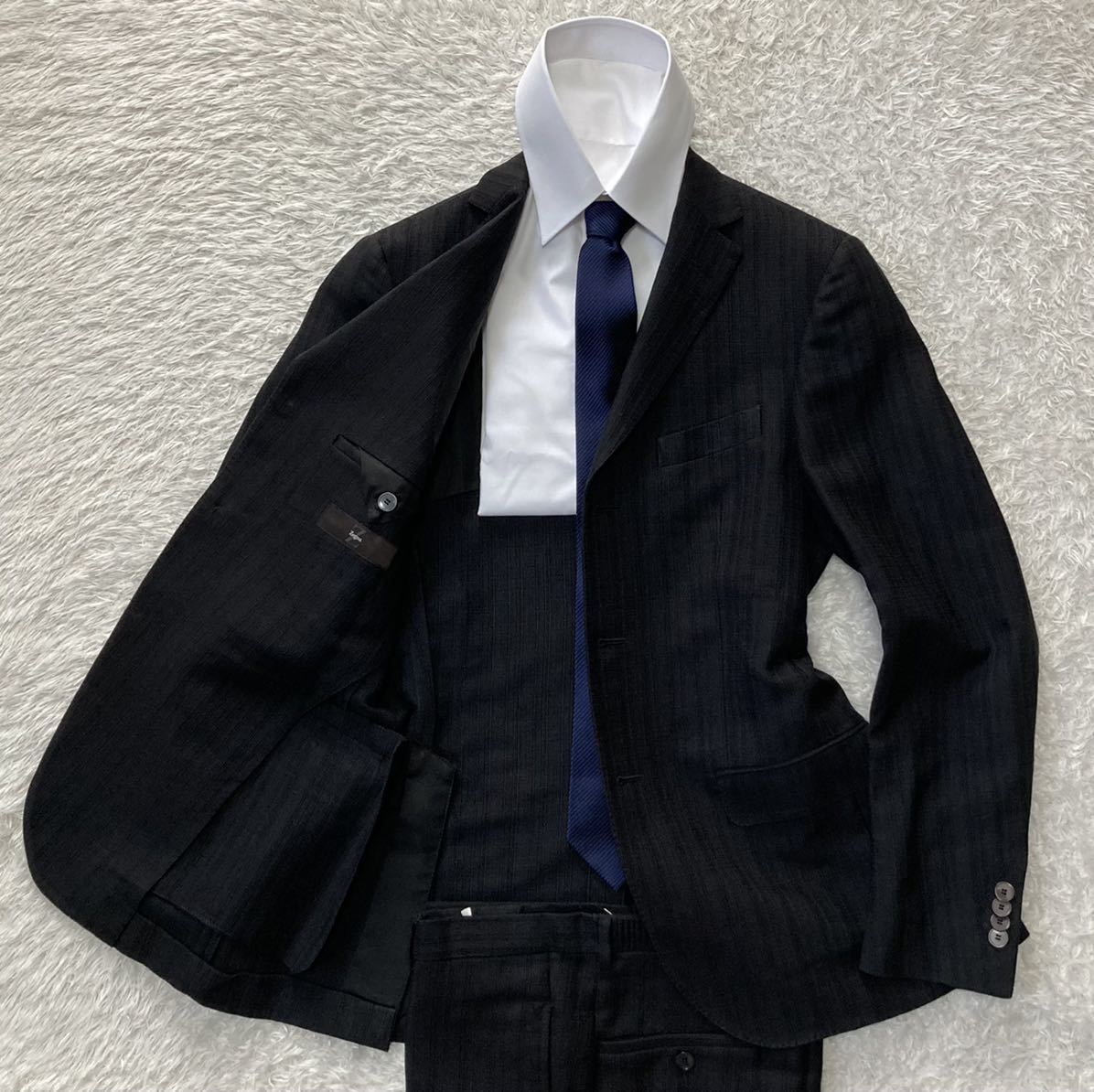 春夏■Z Zegna ゼニア■リネン×コットン ストライプ織柄 3B スーツ Mサイズ相当 46C ブラック ジーゼニア メンズ 麻 セットアップ_画像1