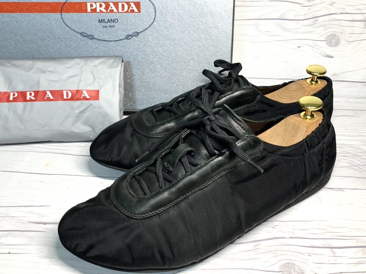 【即決】 ★箱袋付★ 美品 PRADA プラダ メンズ 26.5cm程度 8 スニーカー 本革 レザー ナイロン くつ ブランド 黒 ブラック 軽量_画像1