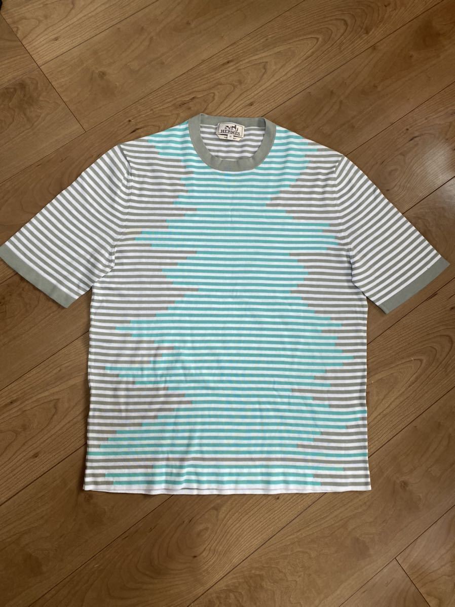 お洒落♪美品♪HERMESエルメス変速ボーダー柄半袖コットンカットソーデザインTシャツ定価75000円ユニセックス男女兼用メンズレディース