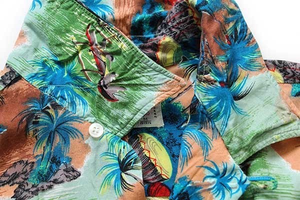 ★60s 日本製 ALOHA SHIRTS ハワイ柄 ハンドスクリーン レーヨン アロハシャツ M★ビンテージ ハワイアン ヤシの木 ココナッツ レイ_画像5