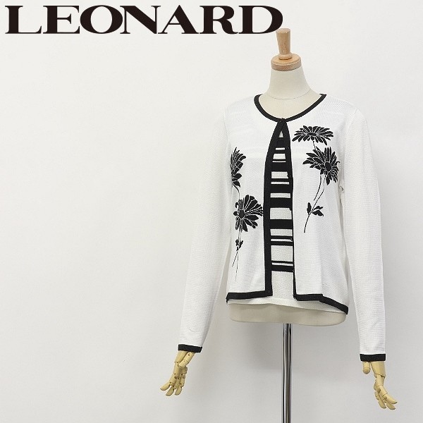 ◆LEONARD/レオナール ラメ ボーダー＆花柄 コットン ニット ノースリーブ トップス＆カーディガン アンサンブル M_画像1