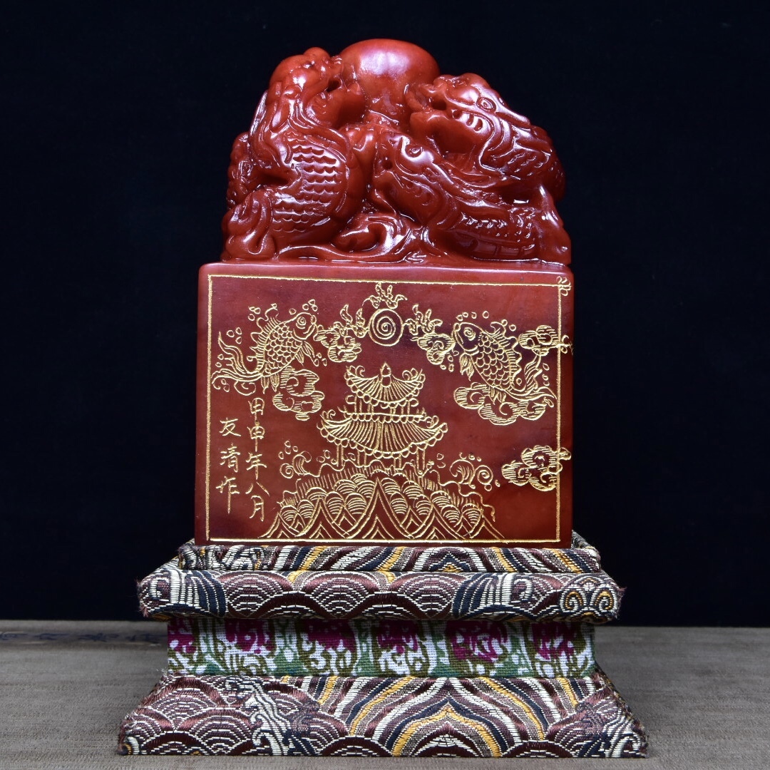 清・古寿山石・紅田黄彫・龍玉璽印章・箱付』極細工・古賞 清・古寿山石・紅田黄彫・龍玉璽印章・箱付』極細工・古賞