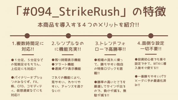 平均勝率95%超! 順張り【#094_StrikeRush】 バイナリー FX CFD サインツール シグナルツール 仮想通貨 ハイロー ターボ コモディティ_画像3