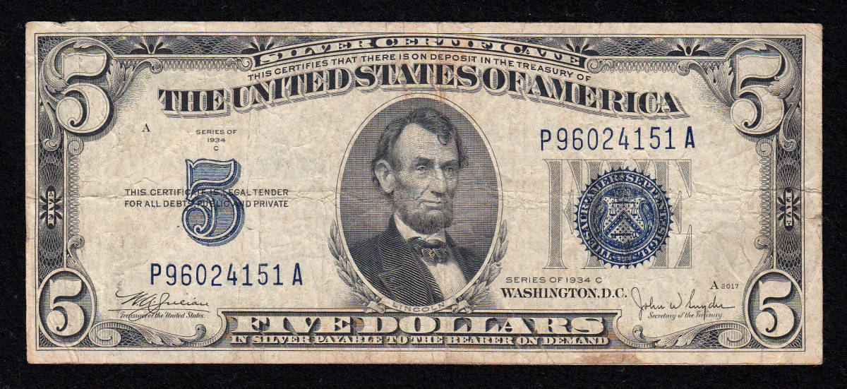 アメリカ紙幣 5ドル銀兌換券 1934年 ブルーシール 1155 65％以上節約