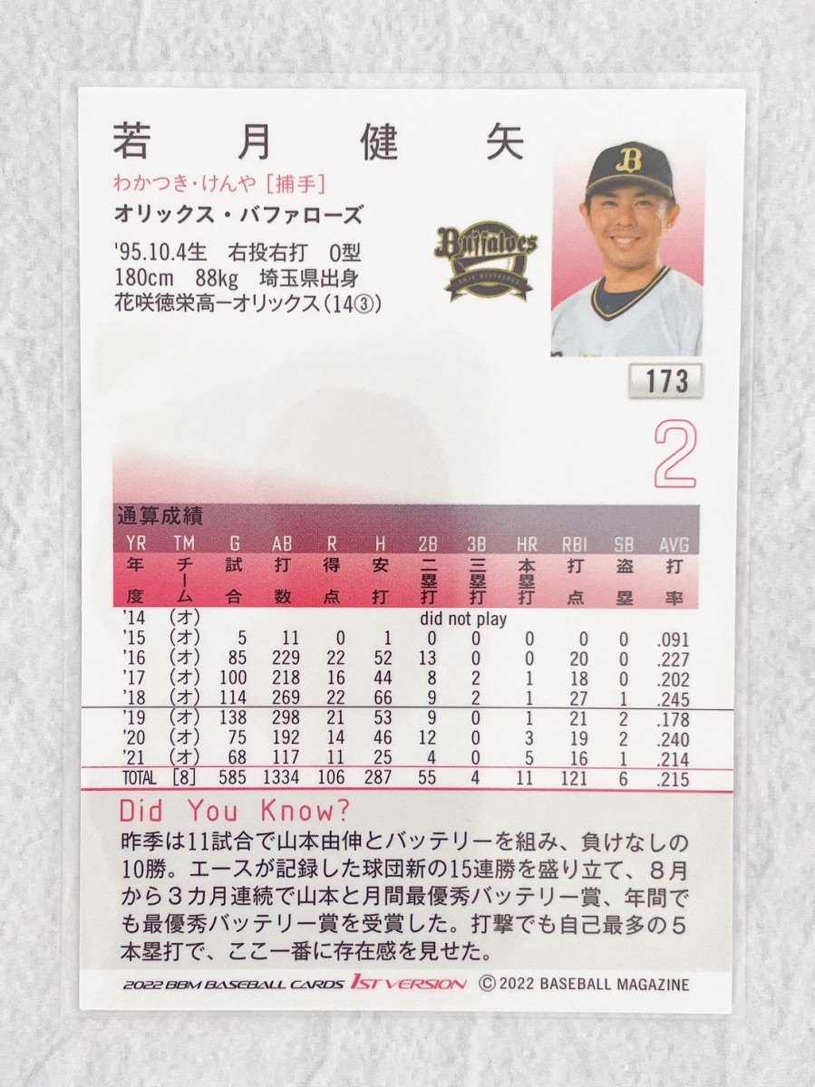 ☆ BBM2022 ベースボールカード 1st version レギュラーカード 173 オリックス・バファローズ 若月健矢 ☆_画像2