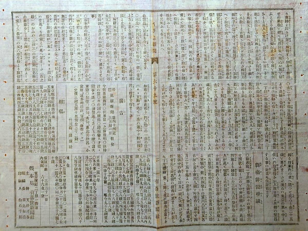 f22052006〇うきよ新聞(有喜世) 明治11年4月2日第69号〇新聞 警視局 両国中村屋〇劇場俳優珍談 猿若町 都座 春木座_画像2