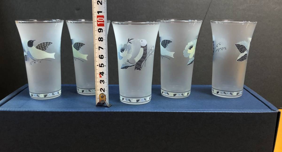 ◇YUKIKO HANAI ユキコハナイ 飾器 小鳥 ビール グラス セット ブルー 青 昭和レトロの画像2